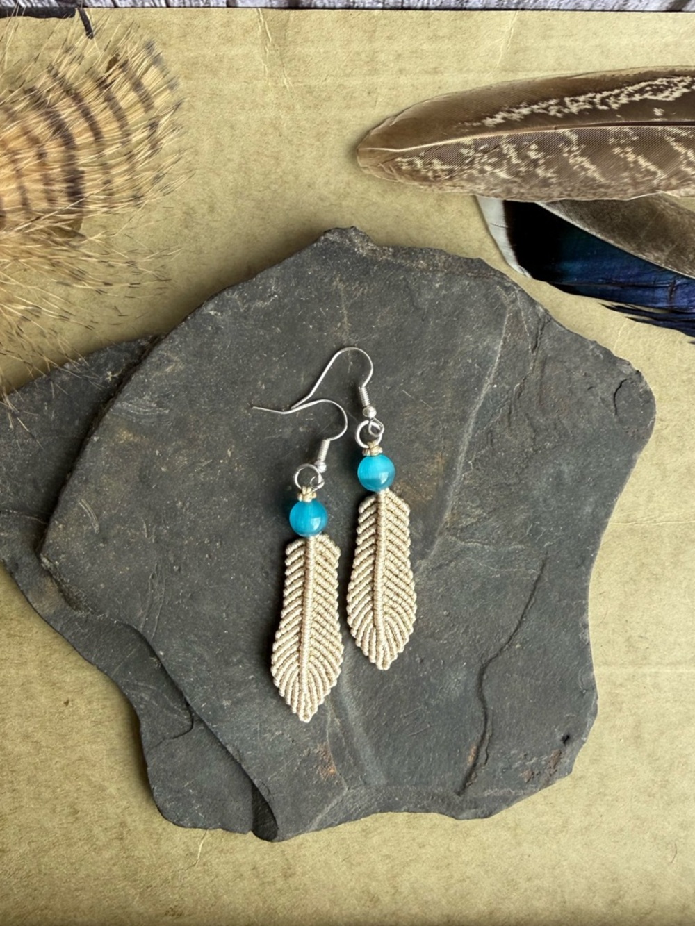 Western Southwestern Style Feather Drop Macrame Earrings - Women Jewelry